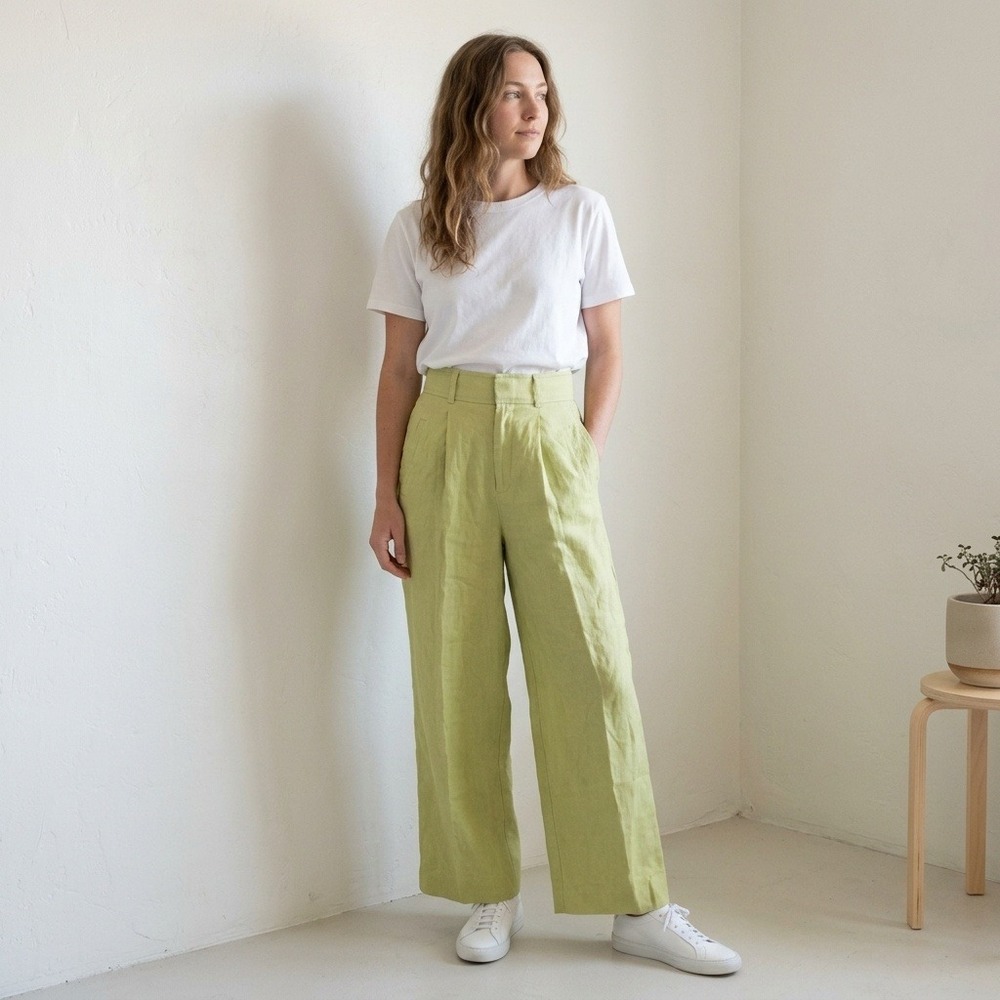 Everlane Way-High Slouch Pants Womens 00 Green Linen Wide Leg High Rise Trousers